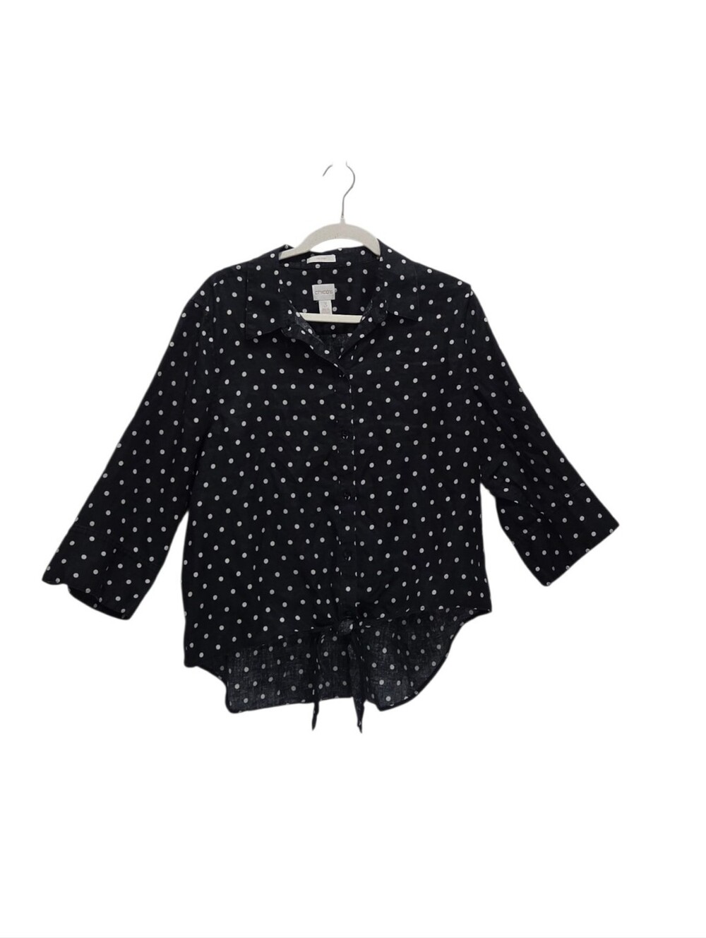 Chico's 3 XL Black White Polka Dot 100% Linen Tie Front 3/4 Sleeve Shirt